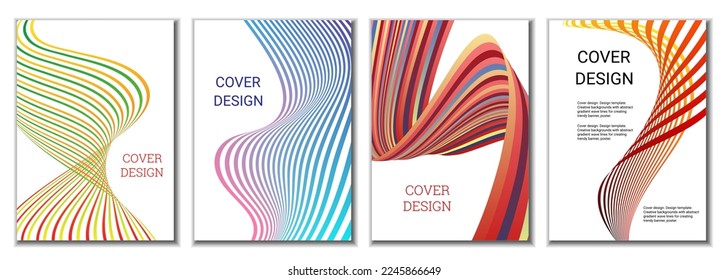 A set of 4 abstract covers. Wavy parallel gradient lines, ribbons evolve. Cover design, background. Trendy banner, poster.