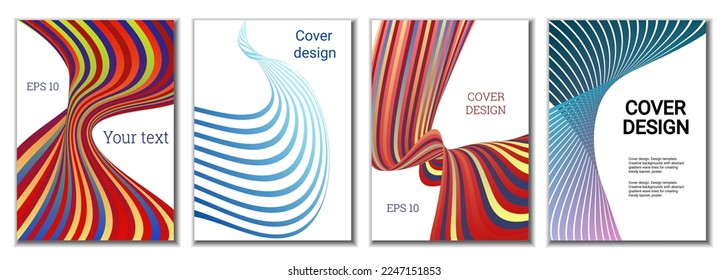 A set of 4 abstract covers. Wavy parallel gradient lines, ribbons evolve. Cover design, background. Trendy banner, poster.