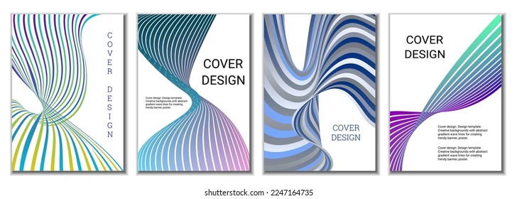 A set of 4 abstract covers. Wavy parallel gradient lines, ribbons evolve. Cover design, background. Trendy banner, poster.