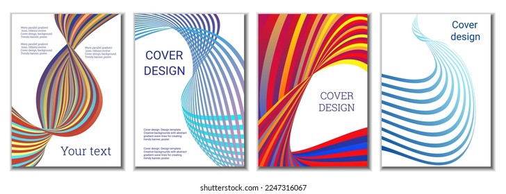 A set of 4 abstract covers. Wavy parallel gradient lines, ribbons evolve. Cover design, background. Trendy banner, poster.