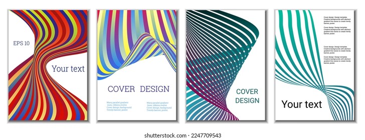 A set of 4 abstract covers. Wavy parallel gradient lines, ribbons evolve. Cover design, background. Trendy banner, poster.