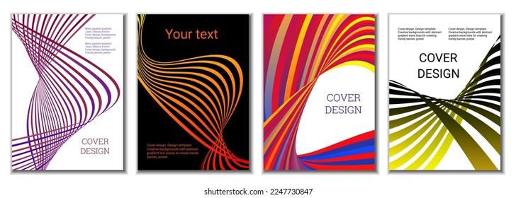 A set of 4 abstract covers. Wavy parallel gradient lines, ribbons evolve. Cover design, background. Trendy banner, poster.