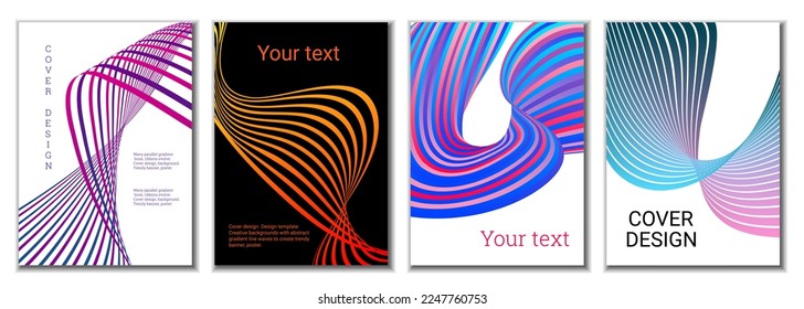 A set of 4 abstract covers. Wavy parallel gradient lines, ribbons evolve. Cover design, background. Trendy banner, poster.