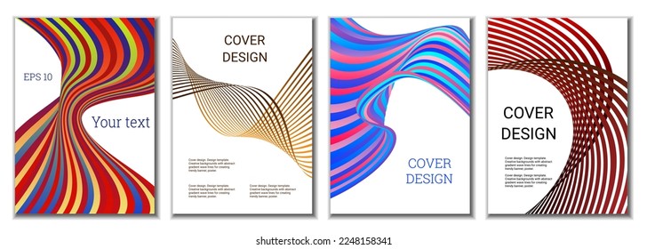 A set of 4 abstract covers. Wavy parallel gradient lines, ribbons evolve. Cover design, background. Trendy banner, poster.