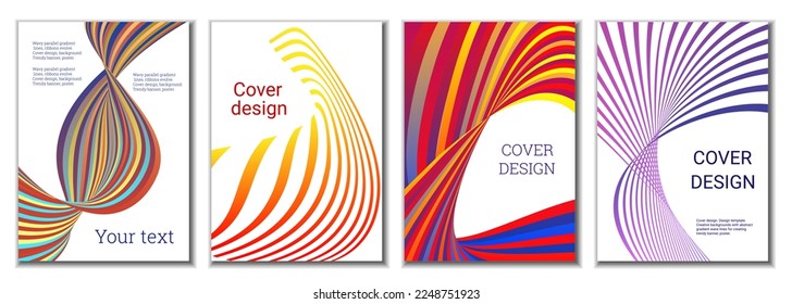 A set of 4 abstract covers. Wavy parallel gradient lines, ribbons evolve. Cover design, background. Trendy banner, poster.