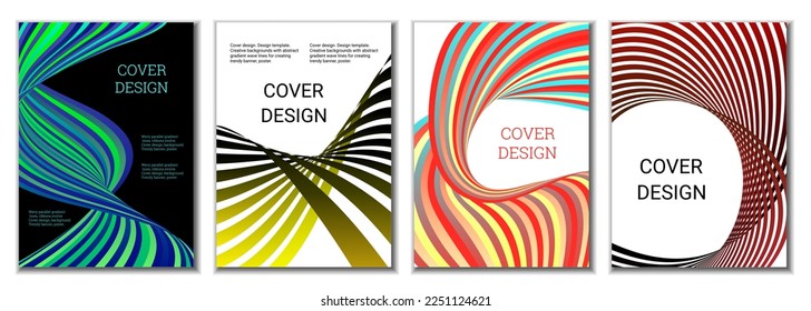 A set of 4 abstract covers. Wavy parallel gradient lines, ribbons evolve. Cover design, background. Trendy banner, poster.