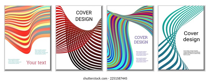 A set of 4 abstract covers. Wavy parallel gradient lines, ribbons evolve. Cover design, background. Trendy banner, poster.