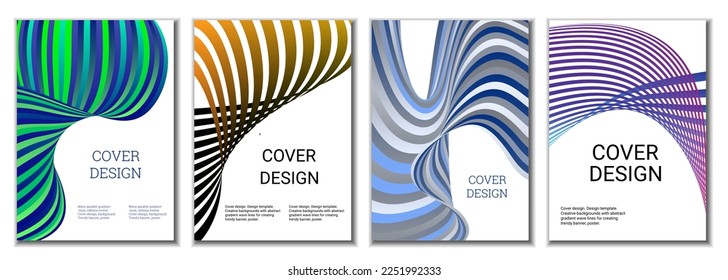 A set of 4 abstract covers. Wavy parallel gradient lines, ribbons evolve. Cover design, background. Trendy banner, poster.