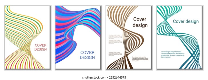 A set of 4 abstract covers. Wavy parallel gradient lines, ribbons evolve. Cover design, background. Trendy banner, poster.