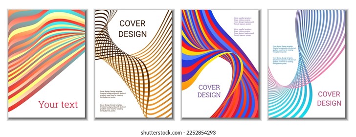 A set of 4 abstract covers. Wavy parallel gradient lines, ribbons evolve. Cover design, background. Trendy banner, poster.