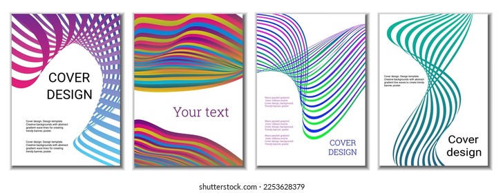 A set of 4 abstract covers. Wavy parallel gradient lines, ribbons evolve. Cover design, background. Trendy banner, poster.