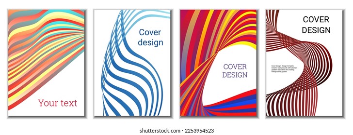 A set of 4 abstract covers. Wavy parallel gradient lines, ribbons evolve. Cover design, background. Trendy banner, poster.