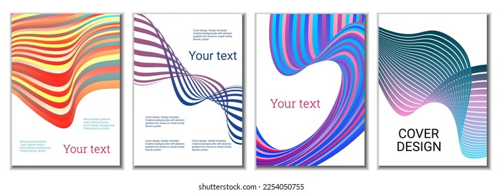 A set of 4 abstract covers. Wavy parallel gradient lines, ribbons evolve. Cover design, background. Trendy banner, poster.