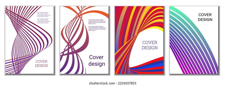 A set of 4 abstract covers. Wavy parallel gradient lines, ribbons evolve. Cover design, background. Trendy banner, poster.