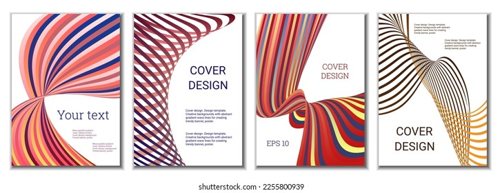 A set of 4 abstract covers. Wavy parallel gradient lines, ribbons evolve. Cover design, background. Trendy banner, poster.