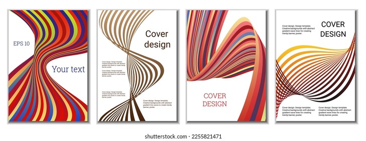 A set of 4 abstract covers. Wavy parallel gradient lines, ribbons evolve. Cover design, background. Trendy banner, poster.