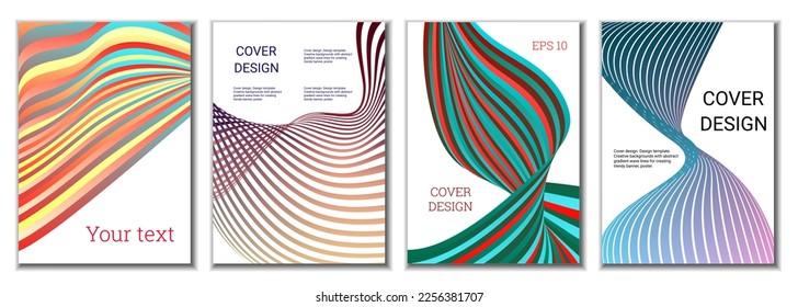 A set of 4 abstract covers. Wavy parallel gradient lines, ribbons evolve. Cover design, background. Trendy banner, poster.