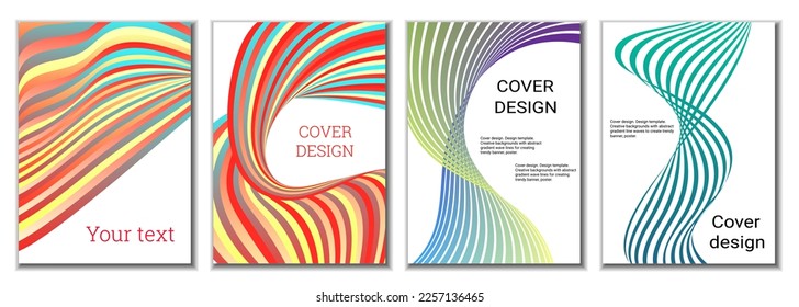 Ein Satz von 4 abstrakten Titelbildern. Weit parallele Farblinien, Bänder entwickeln sich. Cover-Design, Hintergrund. Trendbanner, Poster.