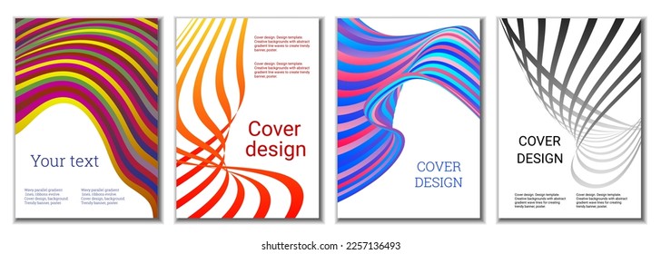 A set of 4 abstract covers. Wavy parallel gradient lines, ribbons evolve. Cover design, background. Trendy banner, poster.