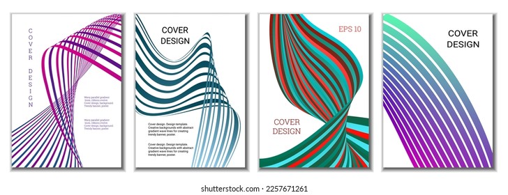 A set of 4 abstract covers. Wavy parallel gradient lines, ribbons evolve. Cover design, background. Trendy banner, poster.