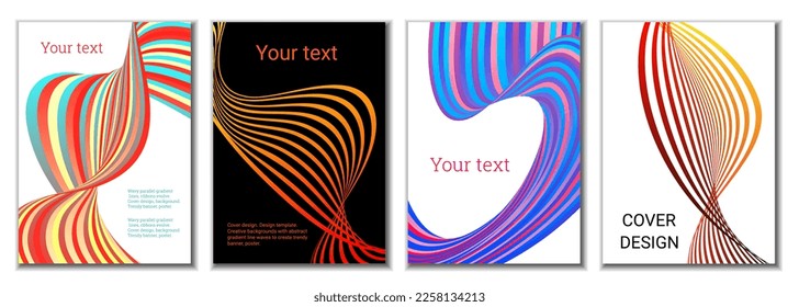 A set of 4 abstract covers. Wavy parallel gradient lines, ribbons evolve. Cover design, background. Trendy banner, poster.