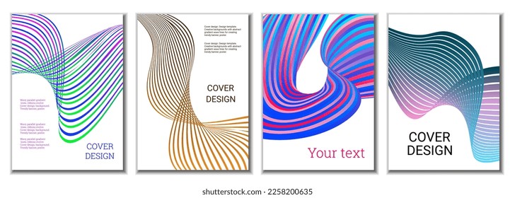 A set of 4 abstract covers. Wavy parallel gradient lines, ribbons evolve. Cover design, background. Trendy banner, poster.