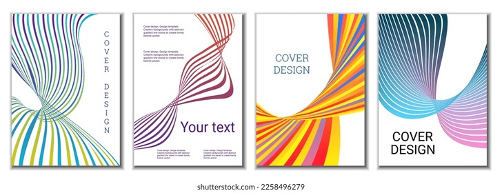 A set of 4 abstract covers. Wavy parallel gradient lines, ribbons evolve. Cover design, background. Trendy banner, poster.