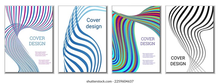A set of 4 abstract covers. Wavy parallel gradient lines, ribbons evolve. Cover design, background. Trendy banner, poster.