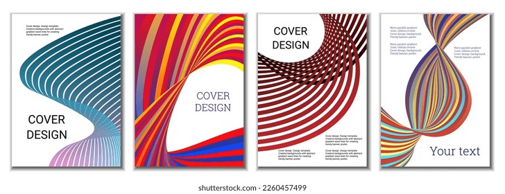 A set of 4 abstract covers. Wavy parallel gradient lines, ribbons evolve. Cover design, background. Trendy banner, poster.