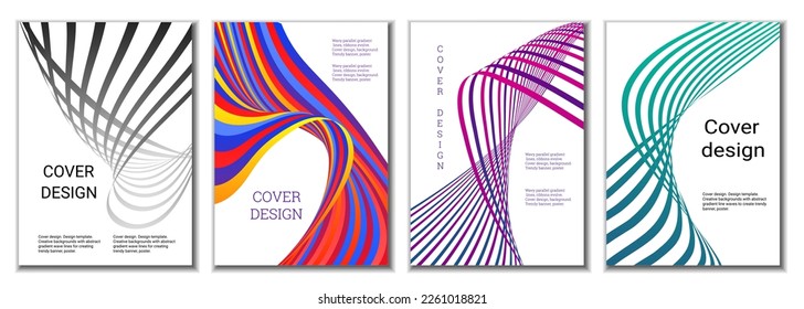 A set of 4 abstract covers. Wavy parallel gradient lines, ribbons evolve. Cover design, background. Trendy banner, poster.