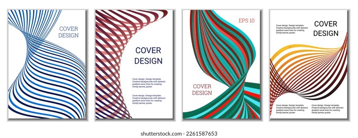 A set of 4 abstract covers. Wavy parallel gradient lines, ribbons evolve. Cover design, background. Trendy banner, poster.