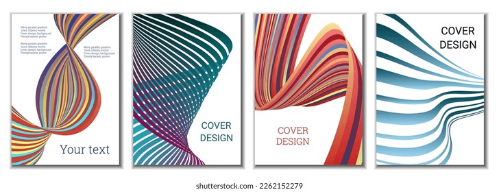 A set of 4 abstract covers. Wavy parallel gradient lines, ribbons evolve. Cover design, background. Trendy banner, poster.