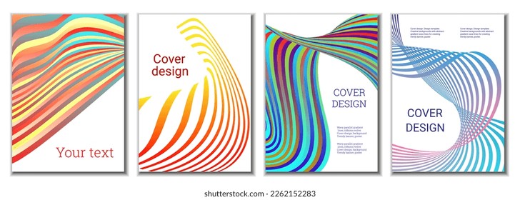 A set of 4 abstract covers. Wavy parallel gradient lines, ribbons evolve. Cover design, background. Trendy banner, poster.