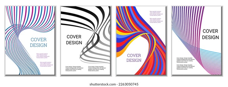 A set of 4 abstract covers. Wavy parallel gradient lines, ribbons evolve. Cover design, background. Trendy banner, poster.