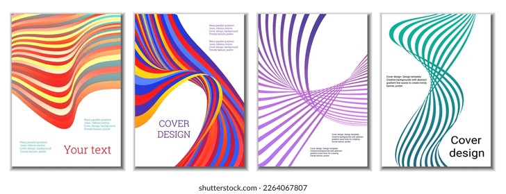 A set of 4 abstract covers. Wavy parallel gradient lines, ribbons evolve. Cover design, background. Trendy banner, poster.