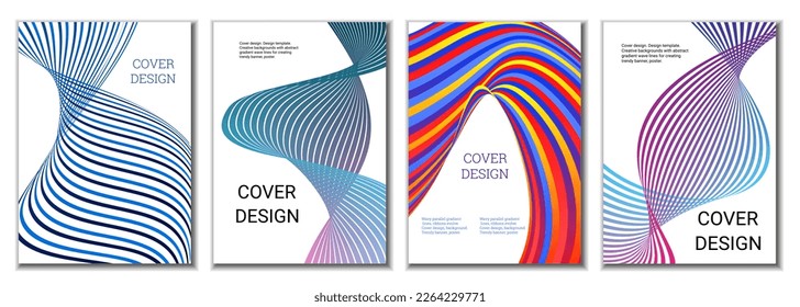 A set of 4 abstract covers. Wavy parallel gradient lines, ribbons evolve. Cover design, background. Trendy banner, poster.