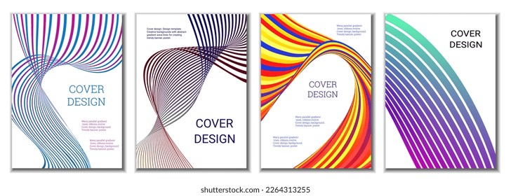 A set of 4 abstract covers. Wavy parallel gradient lines, ribbons evolve. Cover design, background. Trendy banner, poster.