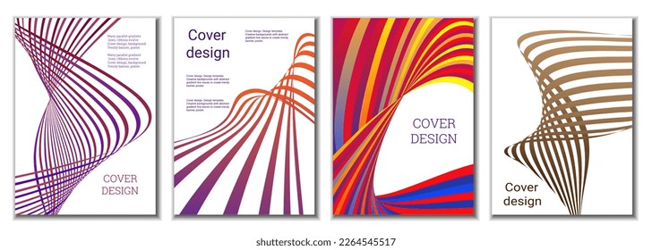 A set of 4 abstract covers. Wavy parallel gradient lines, ribbons evolve. Cover design, background. Trendy banner, poster.