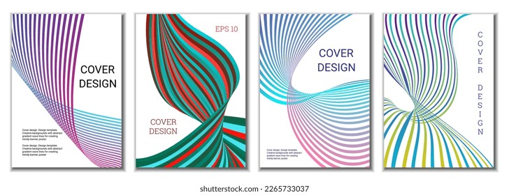 A set of 4 abstract covers. Wavy parallel gradient lines, ribbons evolve. Cover design, background. Trendy banner, poster.