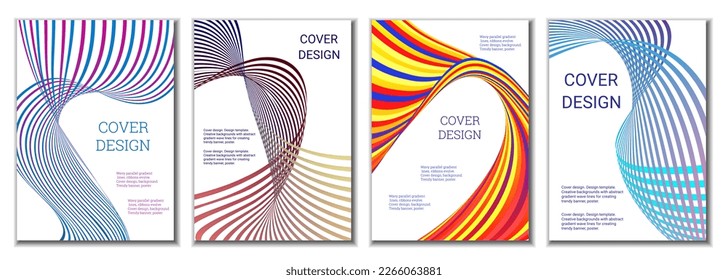 A set of 4 abstract covers. Wavy parallel gradient lines, ribbons evolve. Cover design, background. Trendy banner, poster.