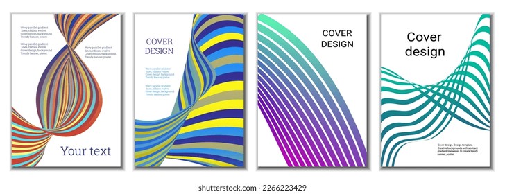 A set of 4 abstract covers. Wavy parallel gradient lines, ribbons evolve. Cover design, background. Trendy banner, poster.