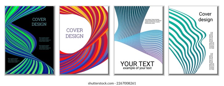 A set of 4 abstract covers. Wavy parallel gradient lines, ribbons evolve. Cover design, background. Trendy banner, poster.