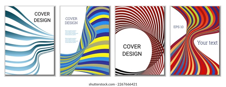 A set of 4 abstract covers. Wavy parallel gradient lines, ribbons evolve. Cover design, background. Trendy banner, poster.