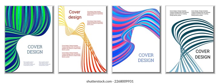 A set of 4 abstract covers. Wavy parallel gradient lines, ribbons evolve. Cover design, background. Trendy banner, poster.