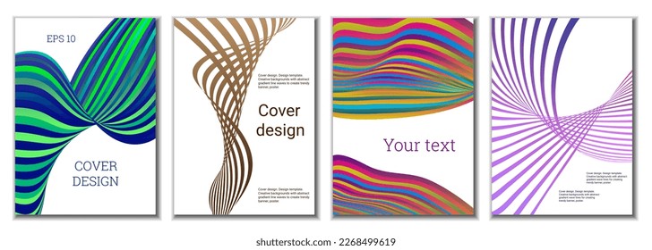 A set of 4 abstract covers. Wavy parallel gradient lines, ribbons evolve. Cover design, background. Trendy banner, poster.