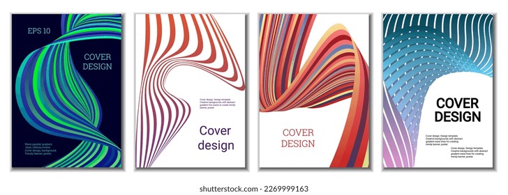 A set of 4 abstract covers. Wavy parallel gradient lines, ribbons evolve. Cover design, background. Trendy banner, poster.