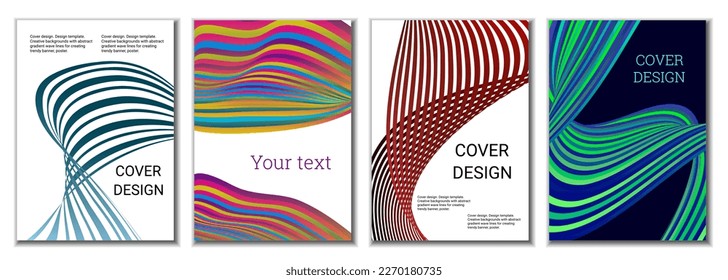 A set of 4 abstract covers. Wavy parallel gradient lines, ribbons evolve. Cover design, background. Trendy banner, poster.