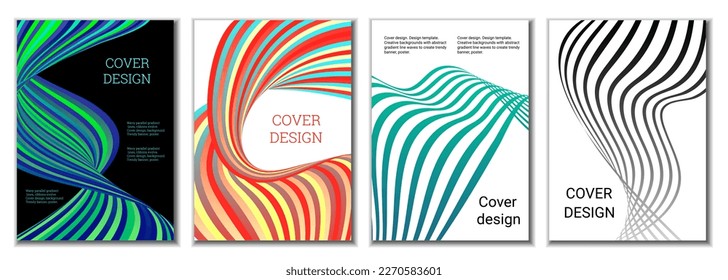 A set of 4 abstract covers. Wavy parallel gradient lines, ribbons evolve. Cover design, background. Trendy banner, poster.