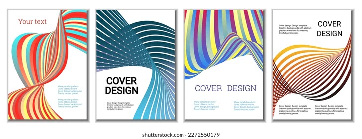 A set of 4 abstract covers. Wavy parallel gradient lines, ribbons evolve. Cover design, background. Trendy banner, poster.