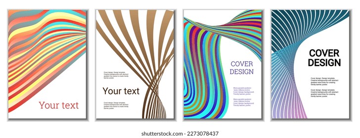 A set of 4 abstract covers. Wavy parallel gradient lines, ribbons evolve. Cover design, background. Trendy banner, poster.